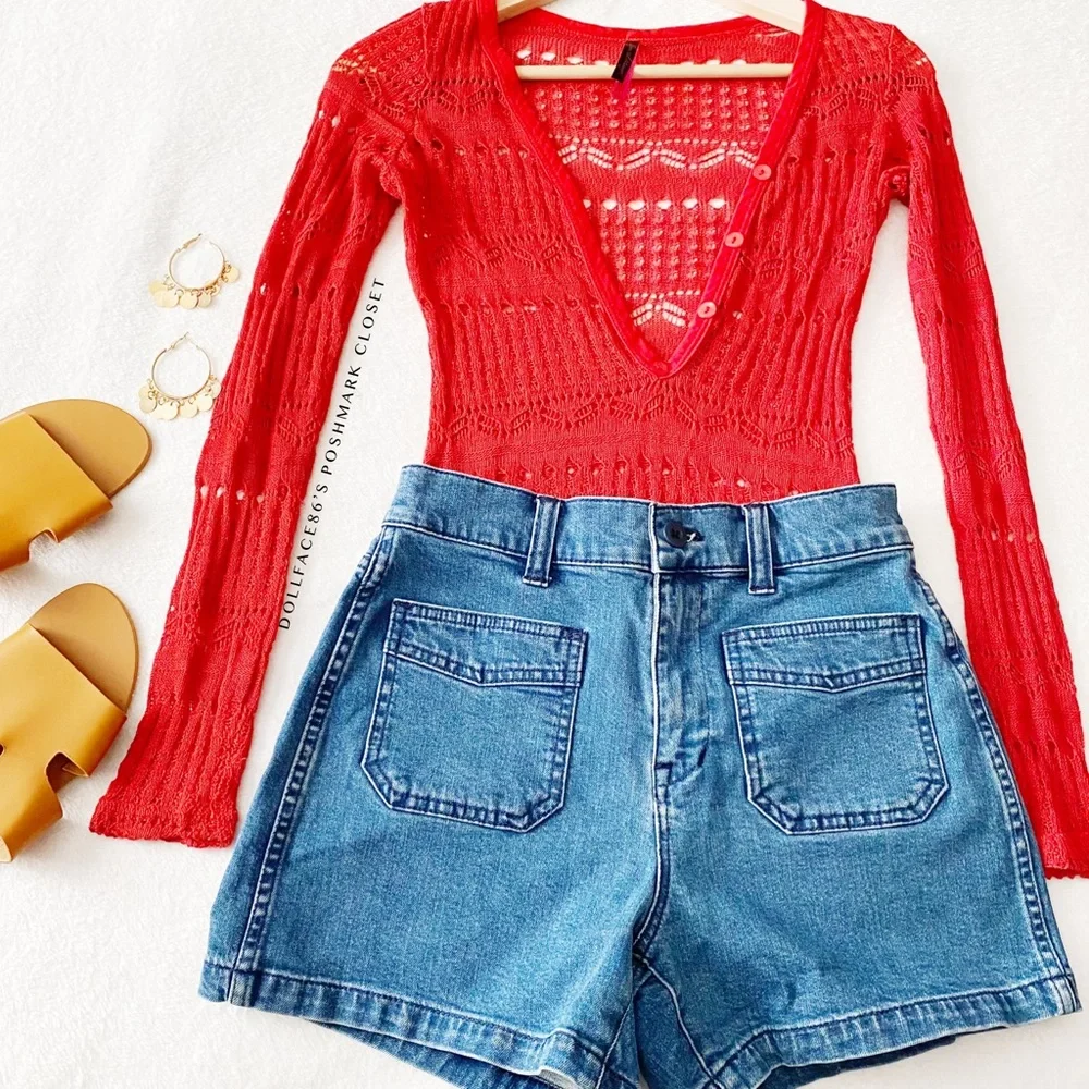 Red Crochet Henley Neckline Bodysuit